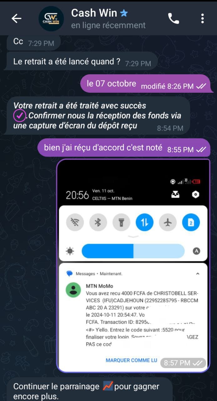 Premier paiement sur Cash Win - Bot Telegram